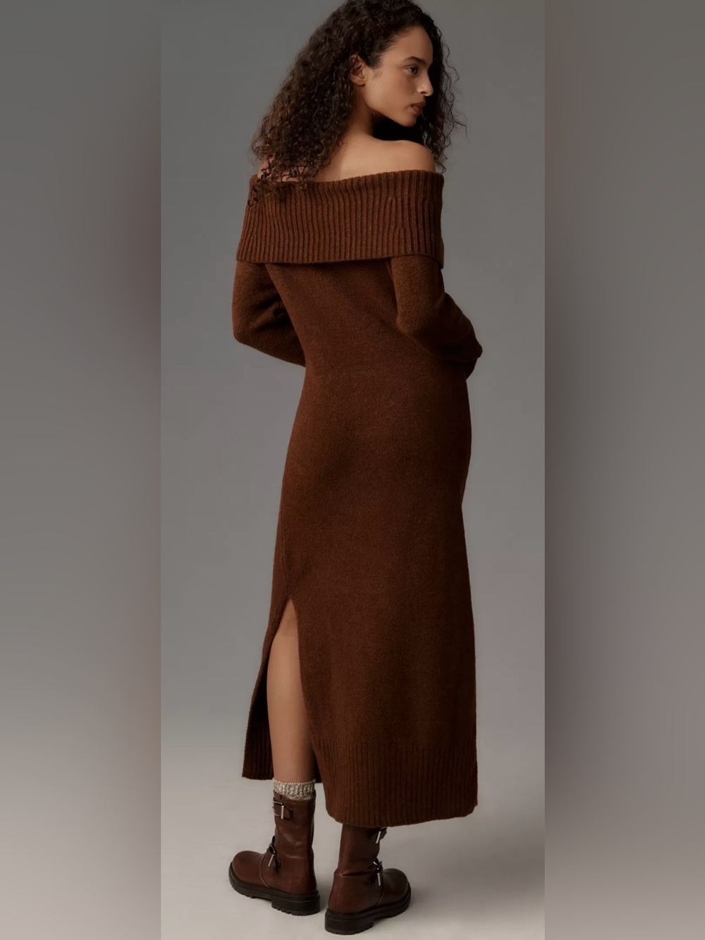 Anthropologie Daily Practice Off-Shoulder Long Brown Knit Sweater Maxi Dress 2X